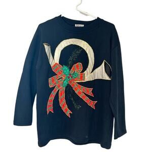 Vtg Christmas Sweatshirt Crewneck Black Horn Holly Mistletoe Sz Small All Points